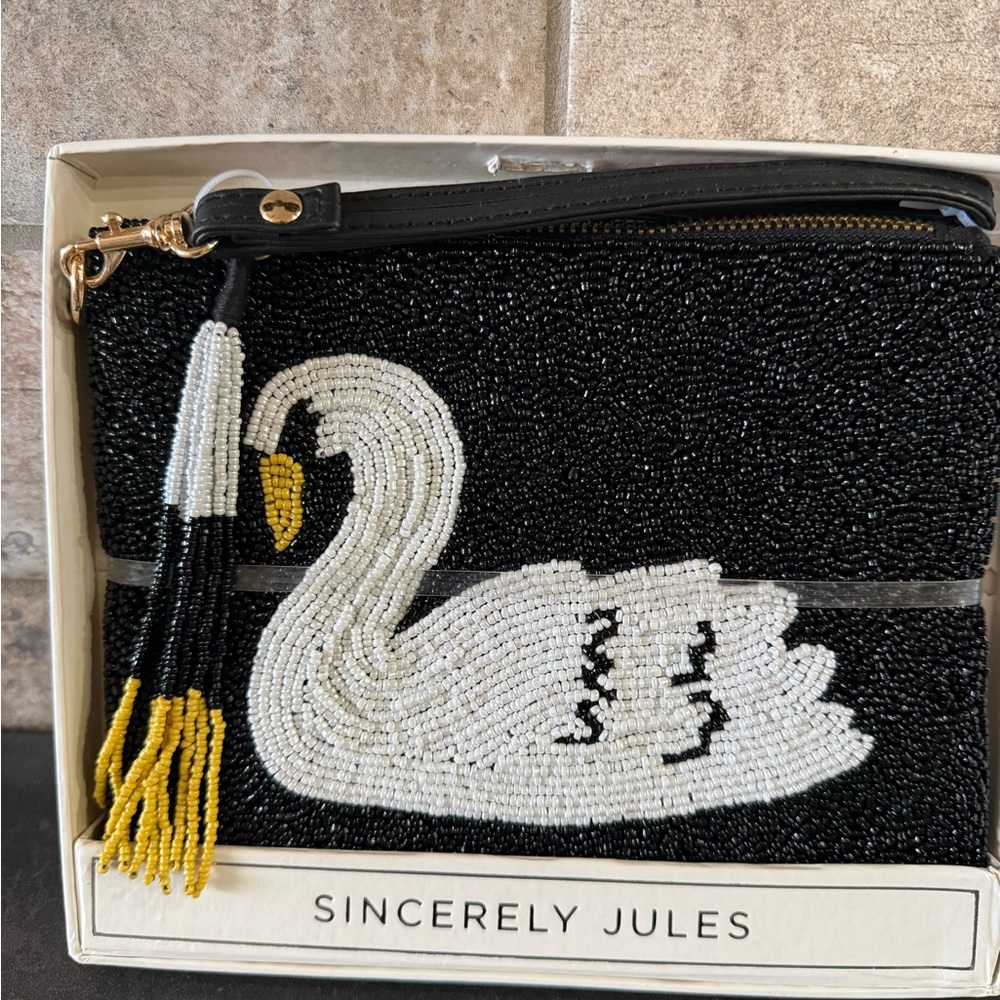 Sincerely Jules Black and White Swan Beaded Clutch